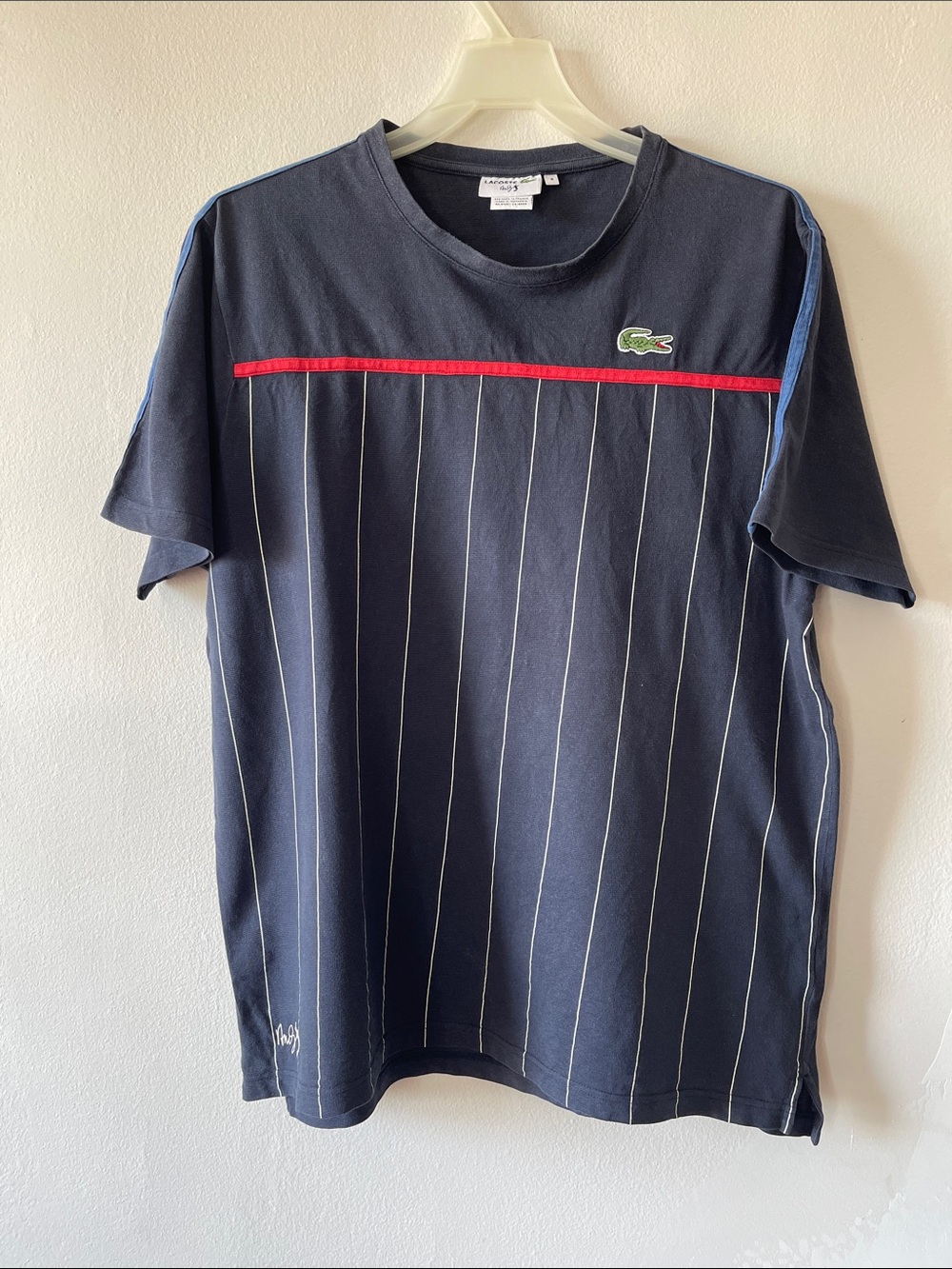 Lacoste Navy Pinstripe Short Sleeve Tee with Red Trim